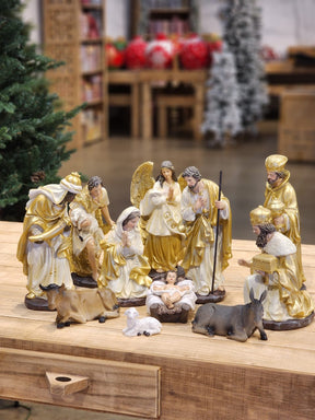 PRESÉPIO EM RESINA 11 PÇS DOURADO LUXO